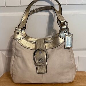 Coach Cream Leather Shoulder Bag with Gold Metallic Trim